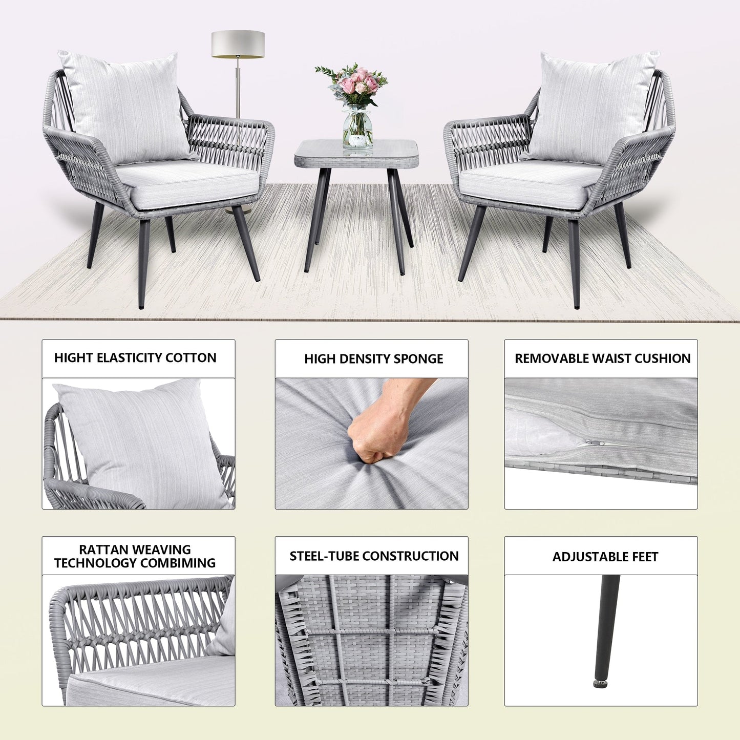 Set di mobili da giardino da 3 pezzi, piccolo set da esterno in vimini e rattan, set da bistrot per veranda anteriore, sedie da giardino, set da conversazione con tavolo in vetro