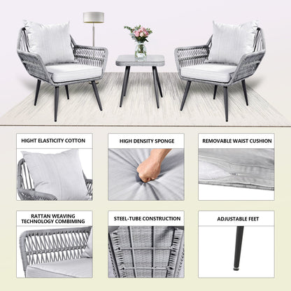 Set di mobili da giardino da 3 pezzi, piccolo set da esterno in vimini e rattan, set da bistrot per veranda anteriore, sedie da giardino, set da conversazione con tavolo in vetro