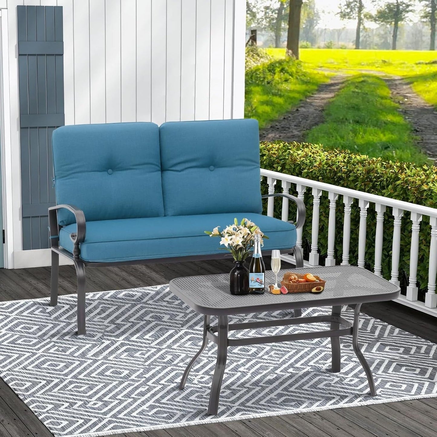 Set da 2 panche da giardino per esterni con tavolino rotondo