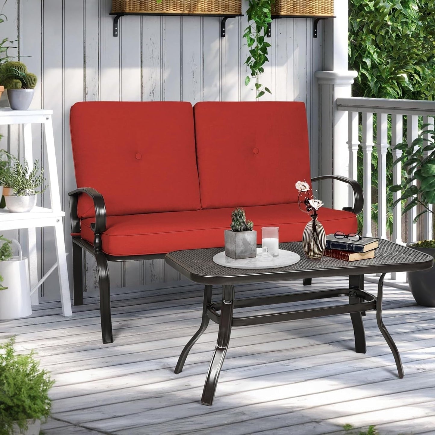 Set da 2 panche da giardino per esterni con tavolino rotondo