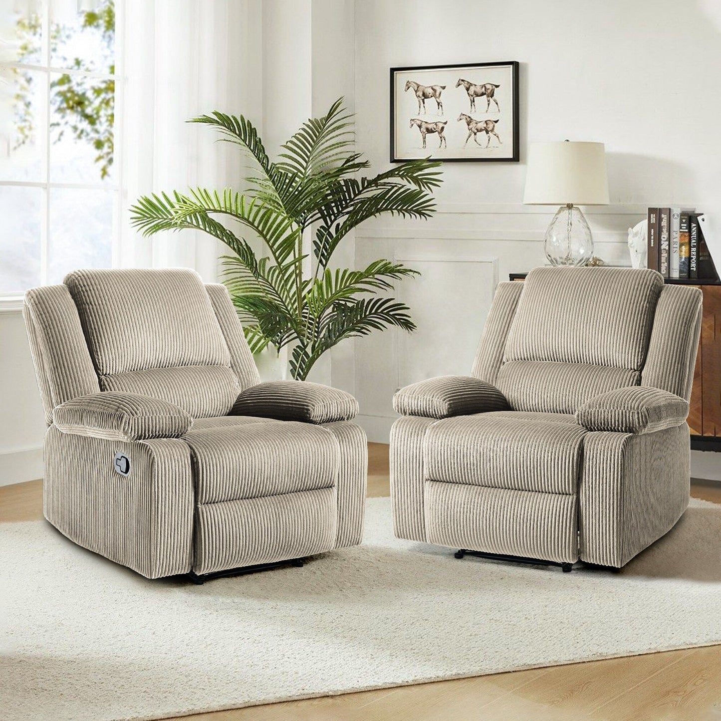 Set da 2 poltrone reclinabili manuali in velluto a coste con poggiapiedi