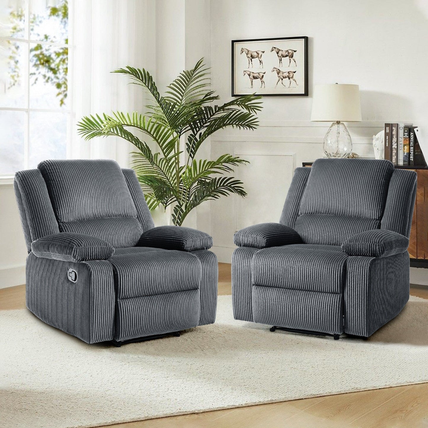 Set da 2 poltrone reclinabili manuali in velluto a coste con poggiapiedi