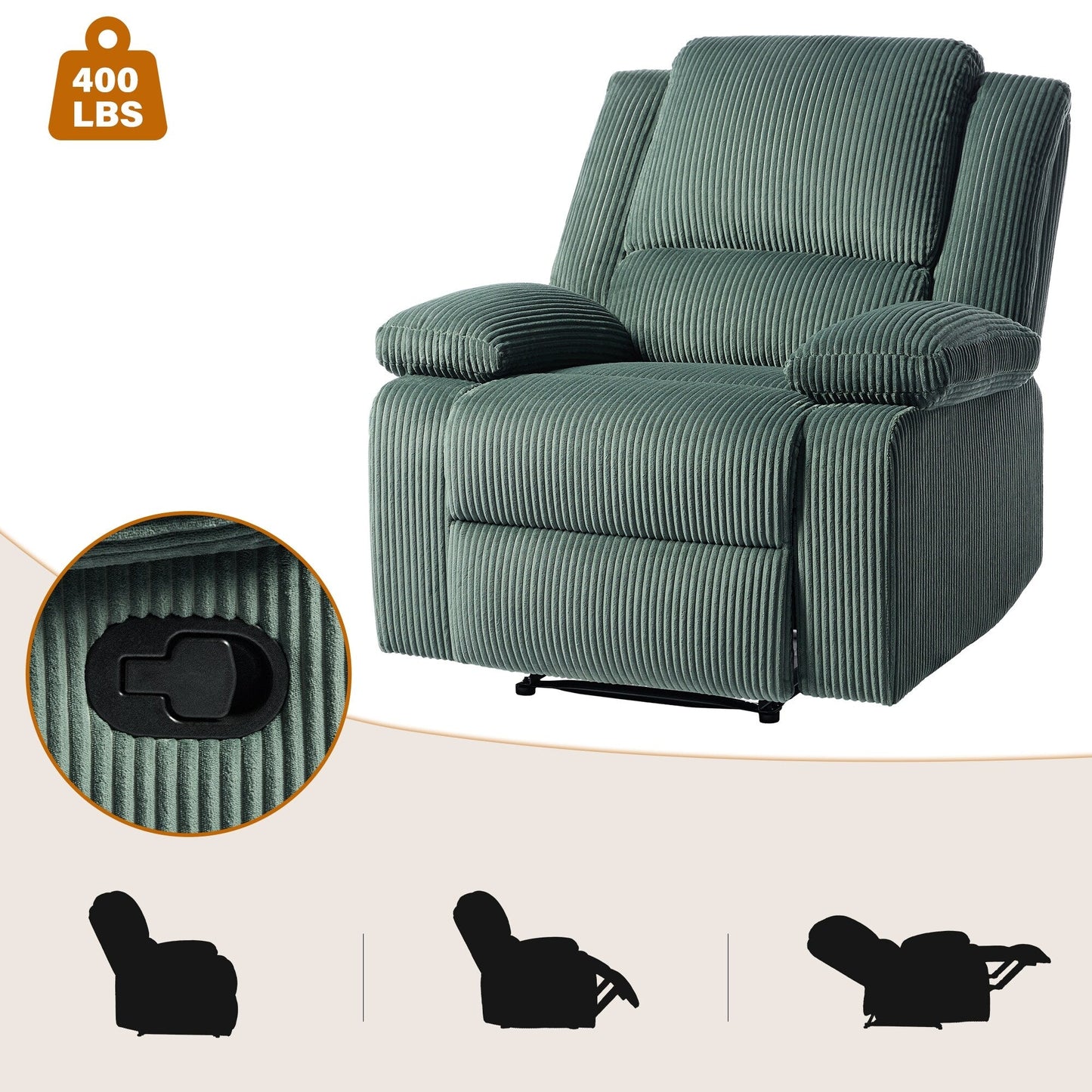 Set da 2 poltrone reclinabili manuali in velluto a coste con poggiapiedi