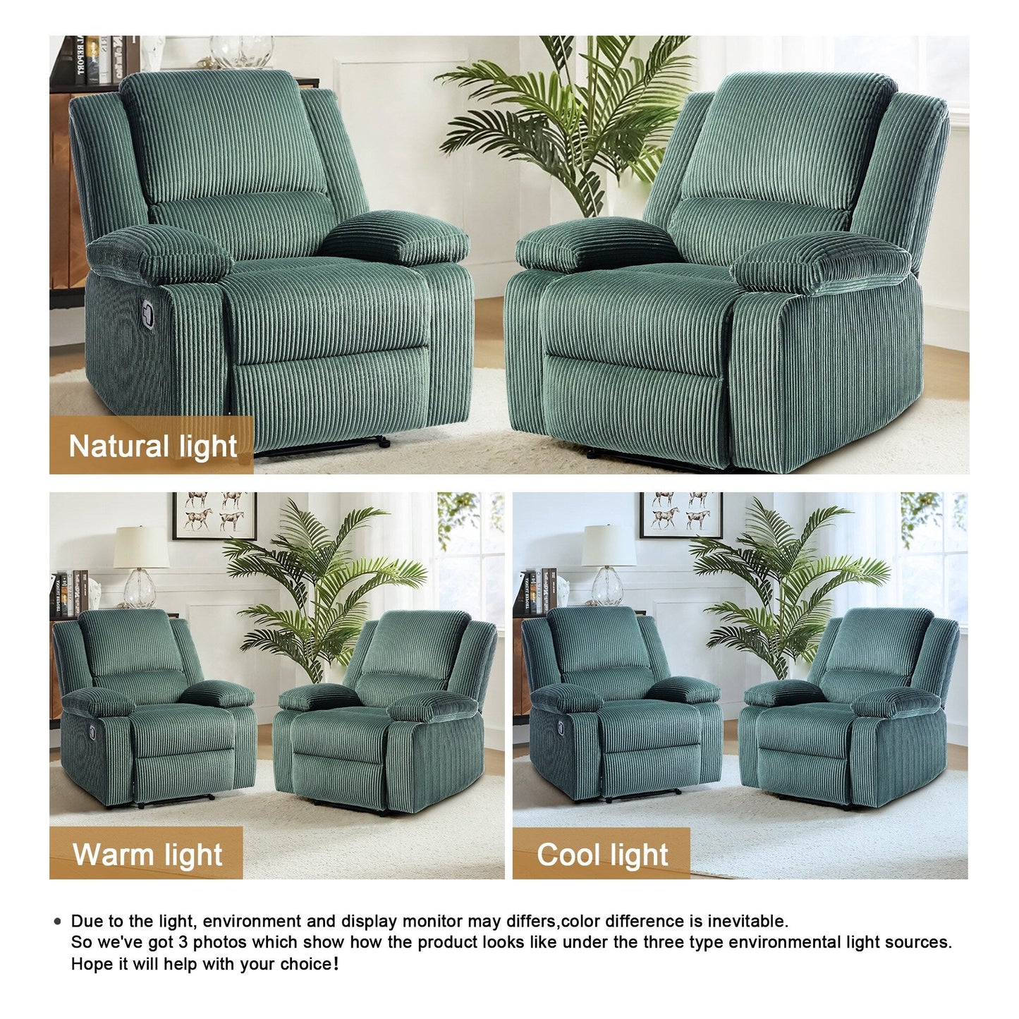 Set da 2 poltrone reclinabili manuali in velluto a coste con poggiapiedi