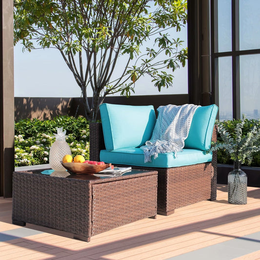 Divano componibile in vimini da esterno, 2 pezzi, sedia angolare imbottita per patio e tavolino laterale