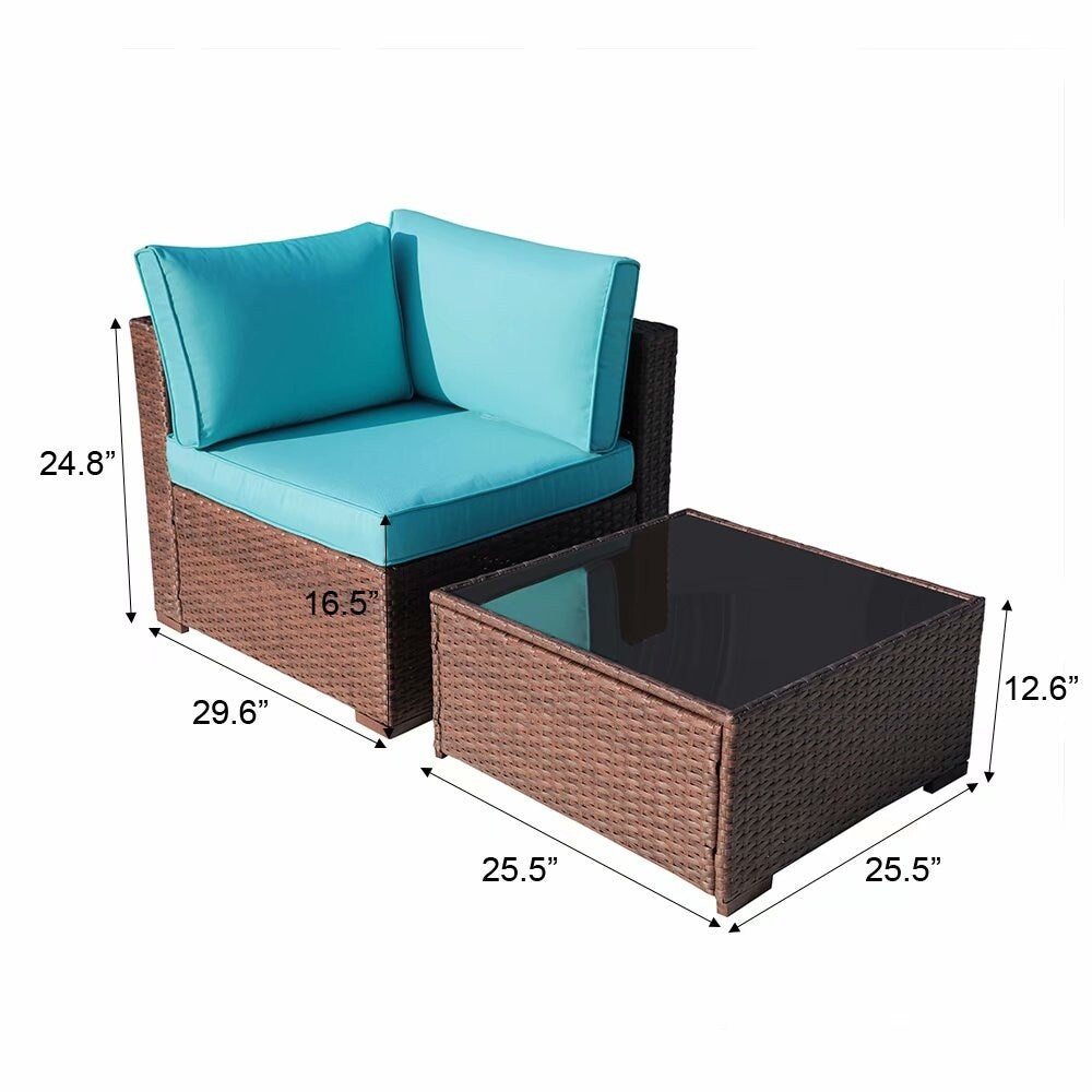 Divano componibile in vimini da esterno, 2 pezzi, sedia angolare imbottita per patio e tavolino laterale