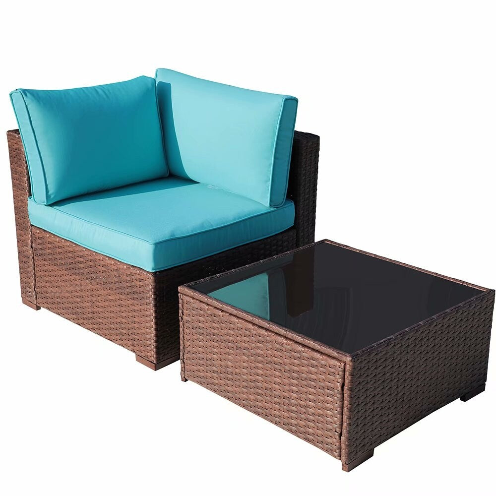 Divano componibile in vimini da esterno, 2 pezzi, sedia angolare imbottita per patio e tavolino laterale