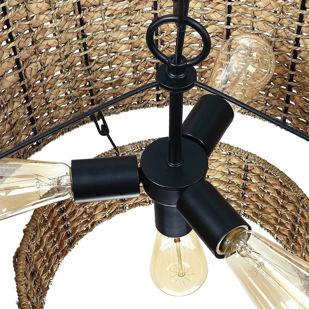 Lampada a sospensione tradizionale a tamburo in rattan naturale a 4 luci con baldacchino nero - Nero/terroso - 20 pollici di larghezza