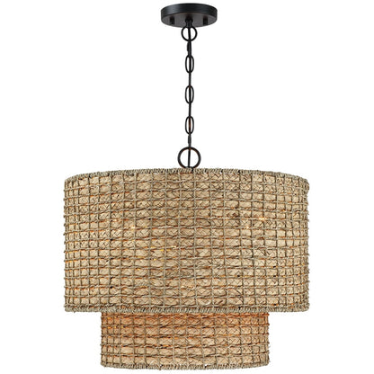 Lampada a sospensione tradizionale a tamburo in rattan naturale a 4 luci con baldacchino nero - Nero/terroso - 20 pollici di larghezza