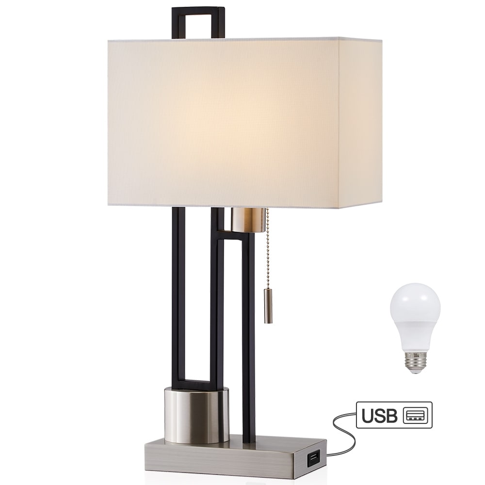Lampada da tavolo in nichel spazzolato/nero opaco con porta USB e paralume in lino bianco, lampadina LED da 9,5 W inclusa - 21 H