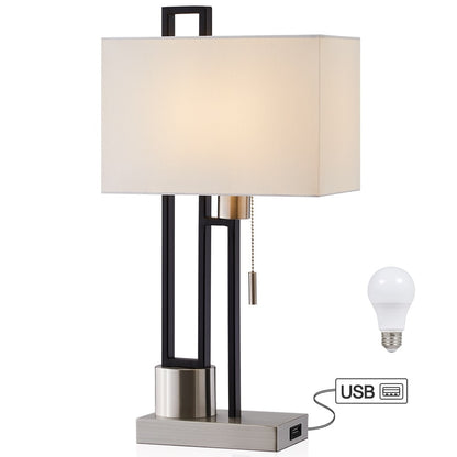 Lampada da tavolo in nichel spazzolato/nero opaco con porta USB e paralume in lino bianco, lampadina LED da 9,5 W inclusa - 21 H
