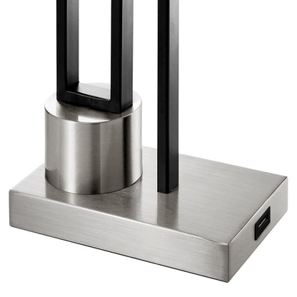 Lampada da tavolo in nichel spazzolato/nero opaco con porta USB e paralume in lino bianco, lampadina LED da 9,5 W inclusa - 21 H