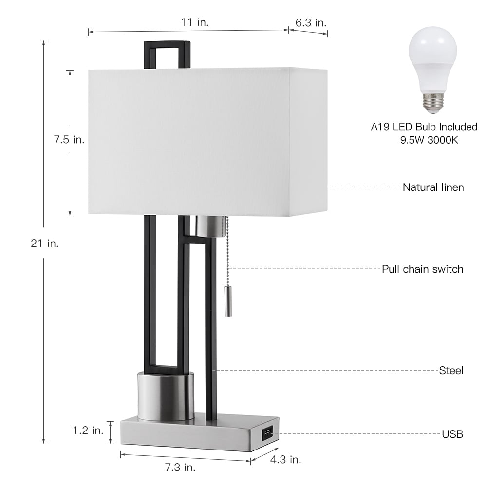 Lampada da tavolo in nichel spazzolato/nero opaco con porta USB e paralume in lino bianco, lampadina LED da 9,5 W inclusa - 21 H