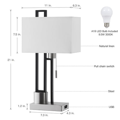Lampada da tavolo in nichel spazzolato/nero opaco con porta USB e paralume in lino bianco, lampadina LED da 9,5 W inclusa - 21 H