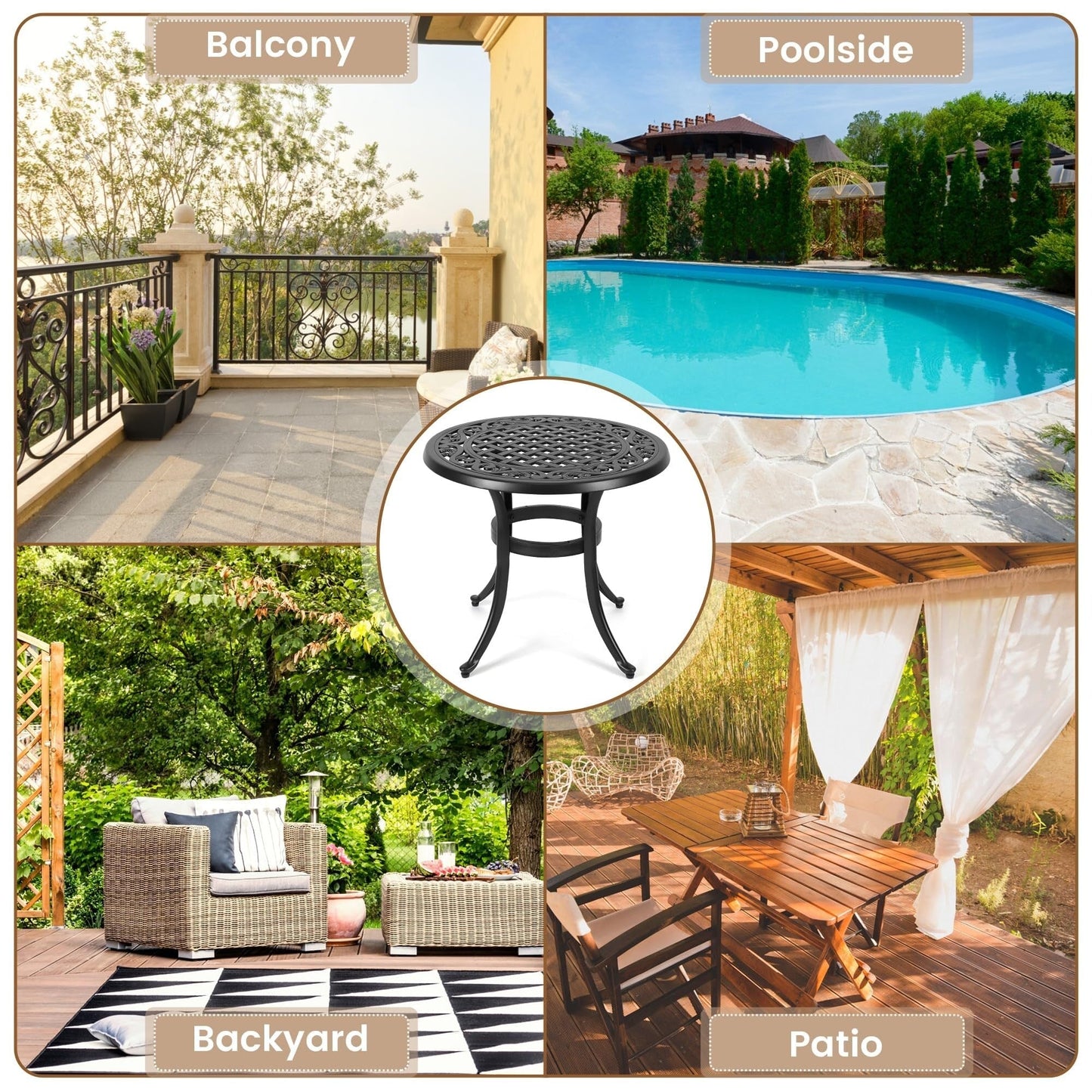 Tavolo da bistrot da esterno rotondo in alluminio pressofuso da 23,22 pollici, tavolino laterale da esterno rotondo con mosaico