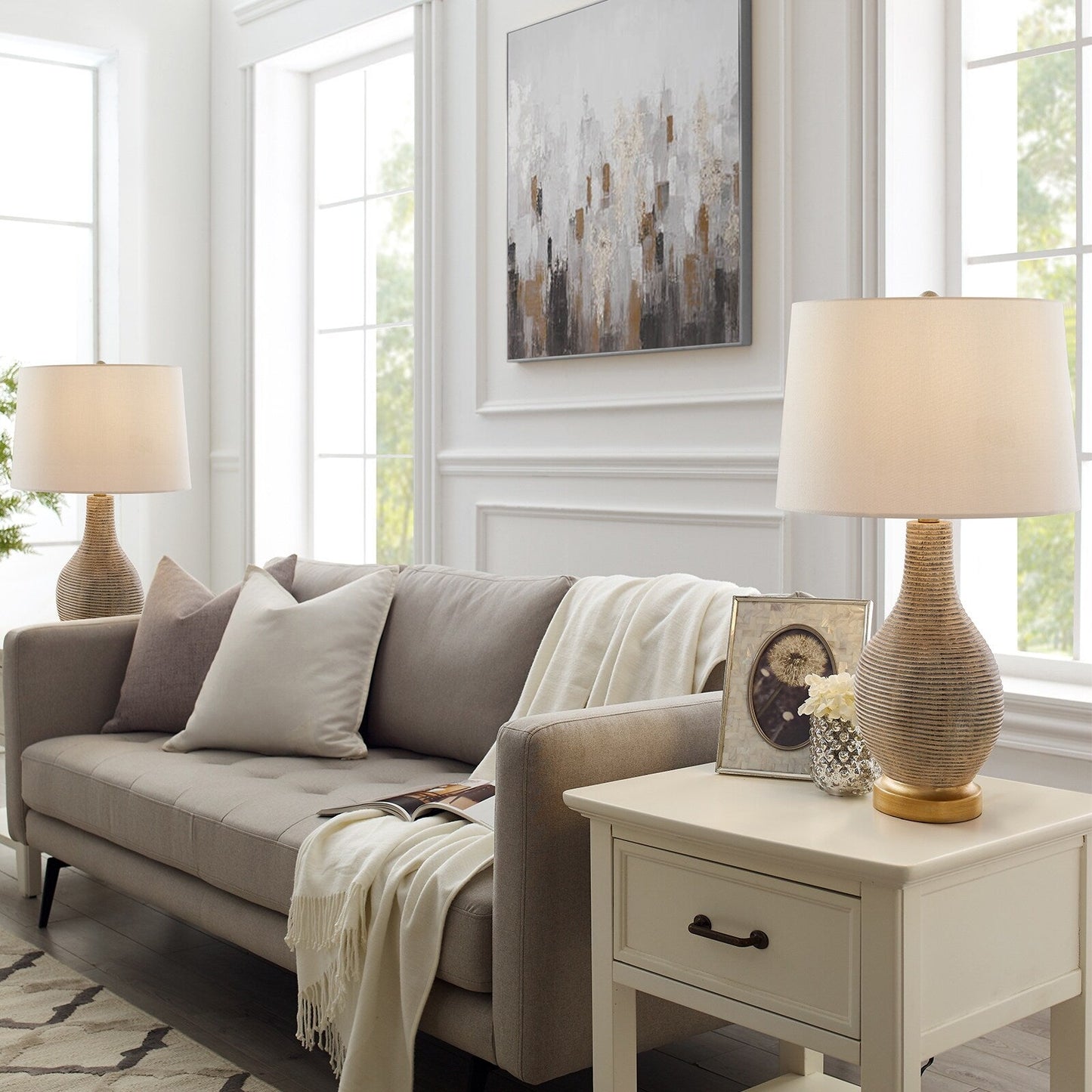 Lampada da tavolo in stile fattoria beige/oro lavato da 24,5 pollici con paralume in lino bianco (set di 2) - 24,5 H