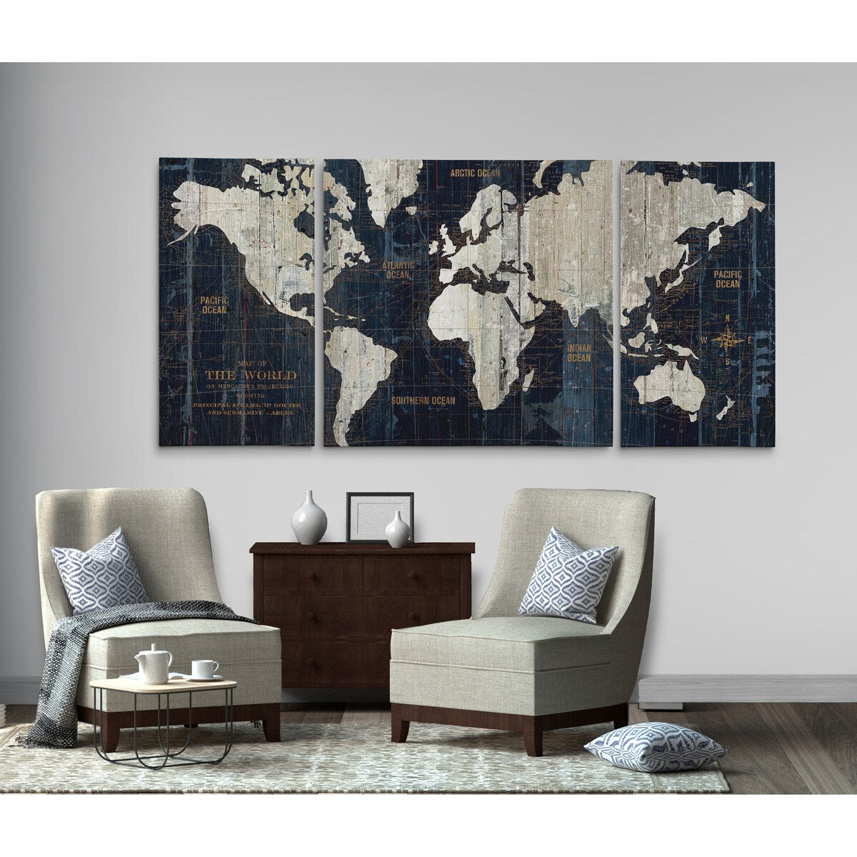 Set di stampe artistiche grafiche su tela avvolta in 3 pezzi "Old World Map Blue"