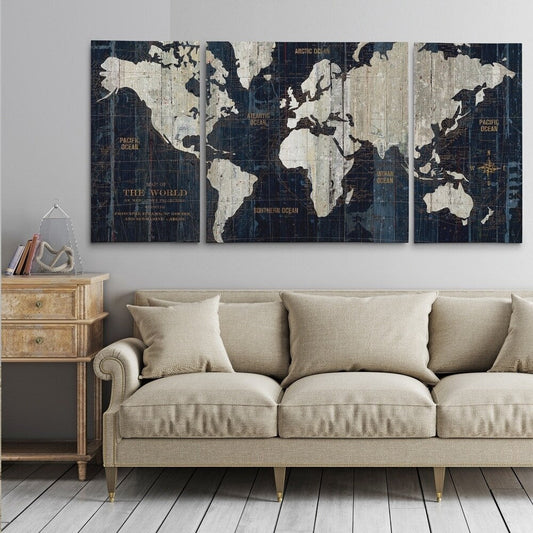 Set di stampe artistiche grafiche su tela avvolta in 3 pezzi "Old World Map Blue"