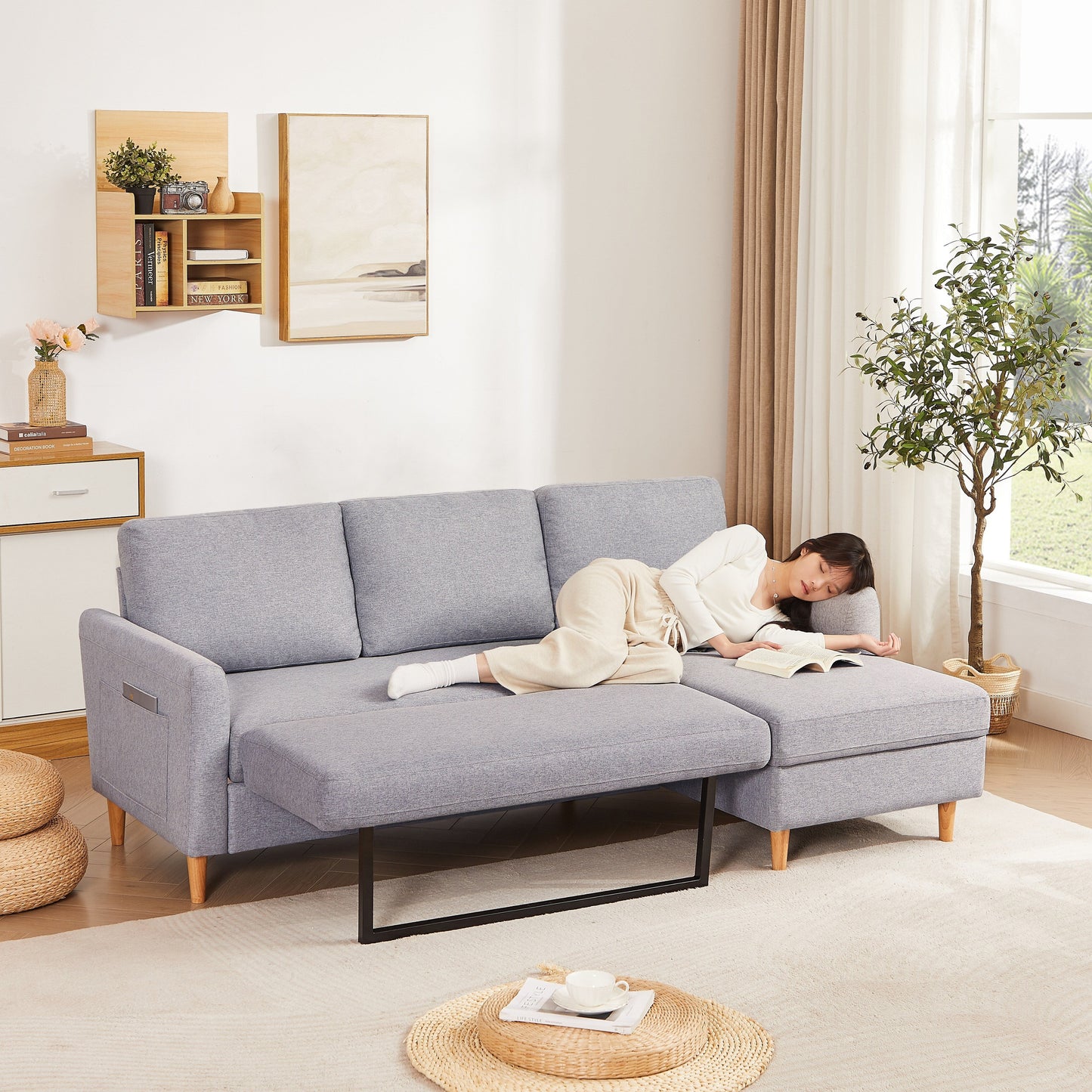 Divano letto a L in tessuto da 28,35'', 3 posti con letto estraibile, chaise longue e tasche portaoggetti sui braccioli