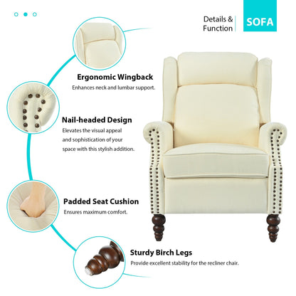 Poltrona reclinabile con schienale a spinta da 29,75 pollici, poltrona reclinabile imbottita con schienale ad ala classico e gambe in legno massello a forma di zucca