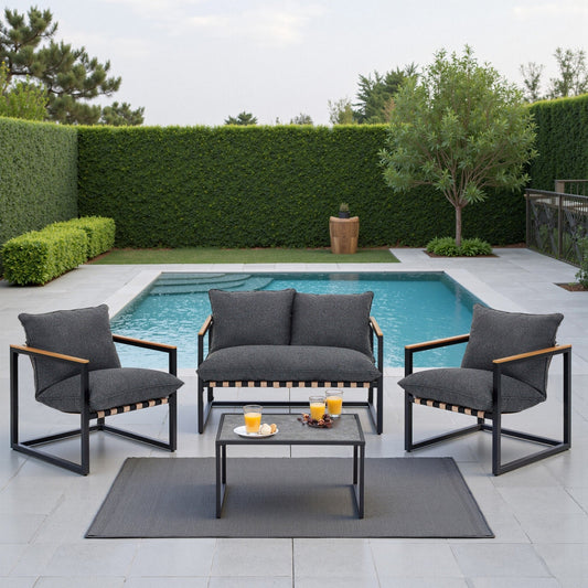 Set da esterno con 4 divani da conversazione in fettuccia per tutte le stagioni, cuscini e sedie lavabili