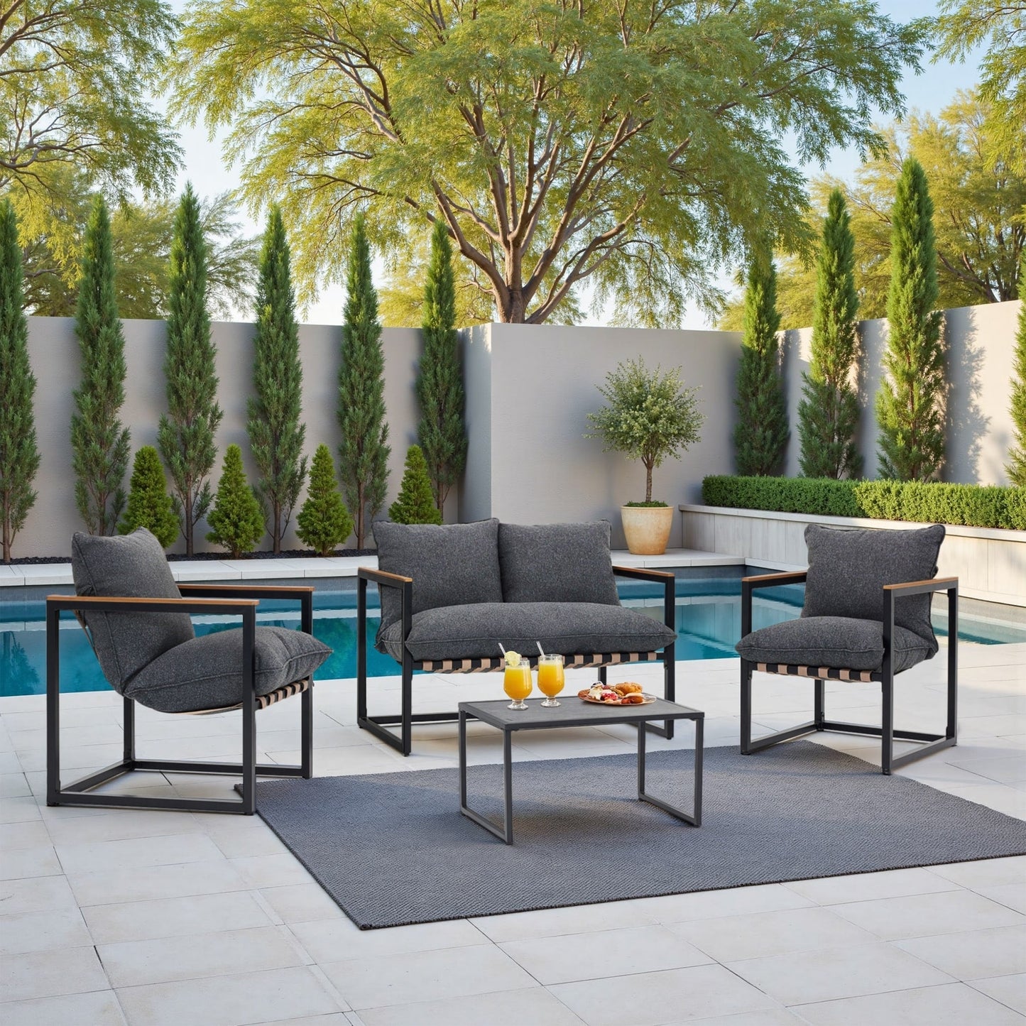 Set da esterno con 4 divani da conversazione in fettuccia per tutte le stagioni, cuscini e sedie lavabili