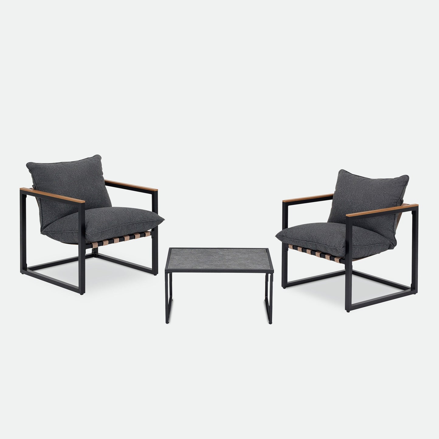 Set da esterno con 4 divani da conversazione in fettuccia per tutte le stagioni, cuscini e sedie lavabili