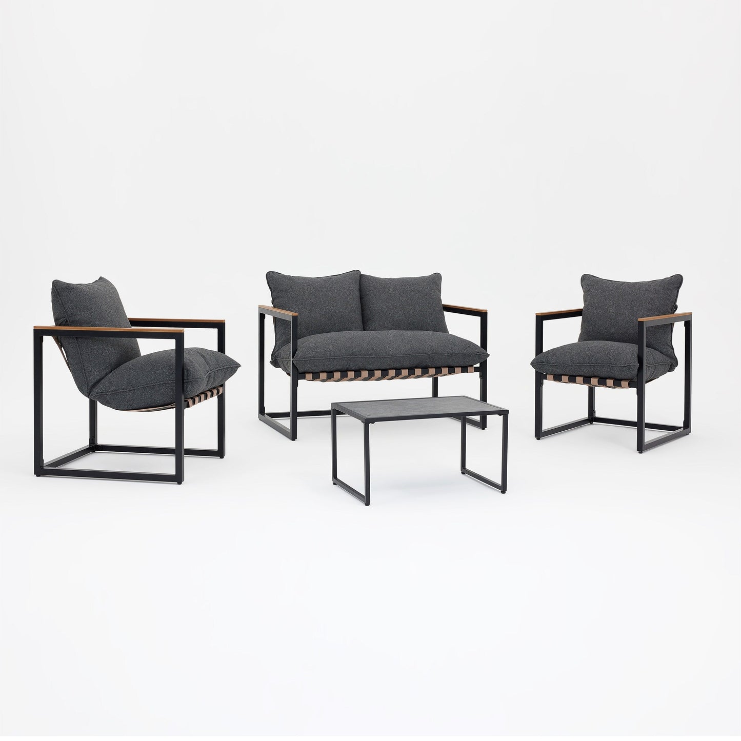 Set da esterno con 4 divani da conversazione in fettuccia per tutte le stagioni, cuscini e sedie lavabili