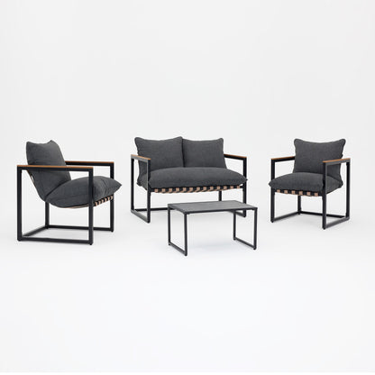 Set da esterno con 4 divani da conversazione in fettuccia per tutte le stagioni, cuscini e sedie lavabili