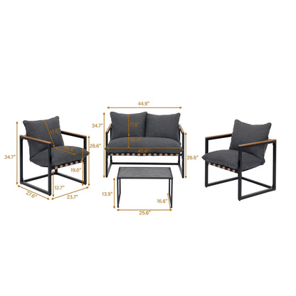 Set da esterno con 4 divani da conversazione in fettuccia per tutte le stagioni, cuscini e sedie lavabili