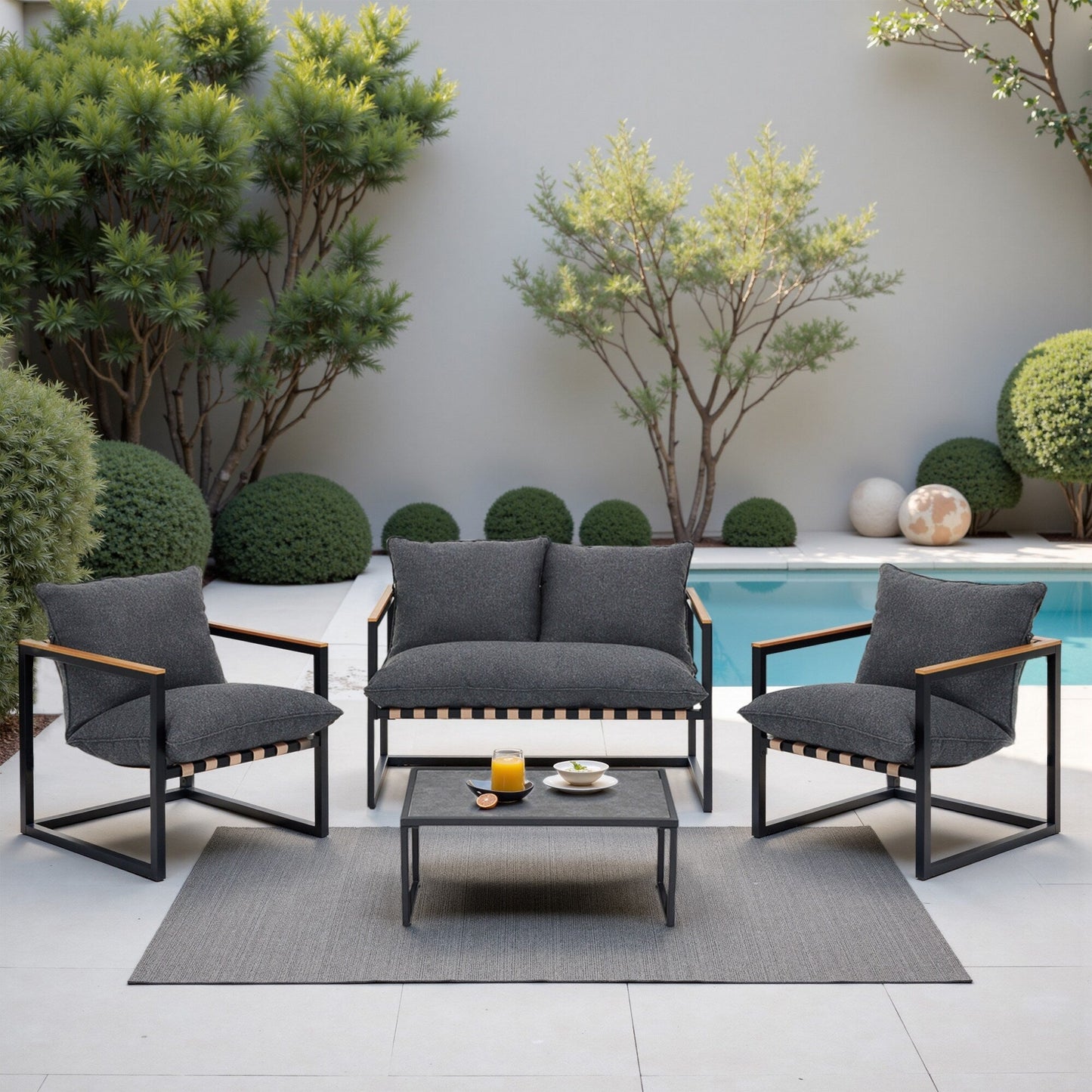 Set da esterno con 4 divani da conversazione in fettuccia per tutte le stagioni, cuscini e sedie lavabili