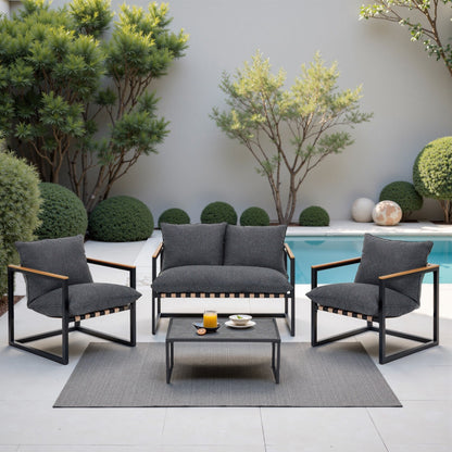 Set da esterno con 4 divani da conversazione in fettuccia per tutte le stagioni, cuscini e sedie lavabili