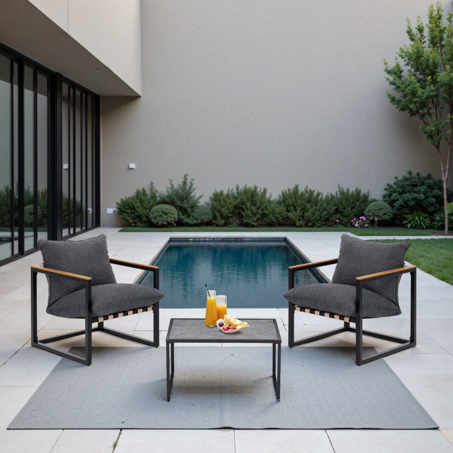 Set da esterno con 4 divani da conversazione in fettuccia per tutte le stagioni, cuscini e sedie lavabili