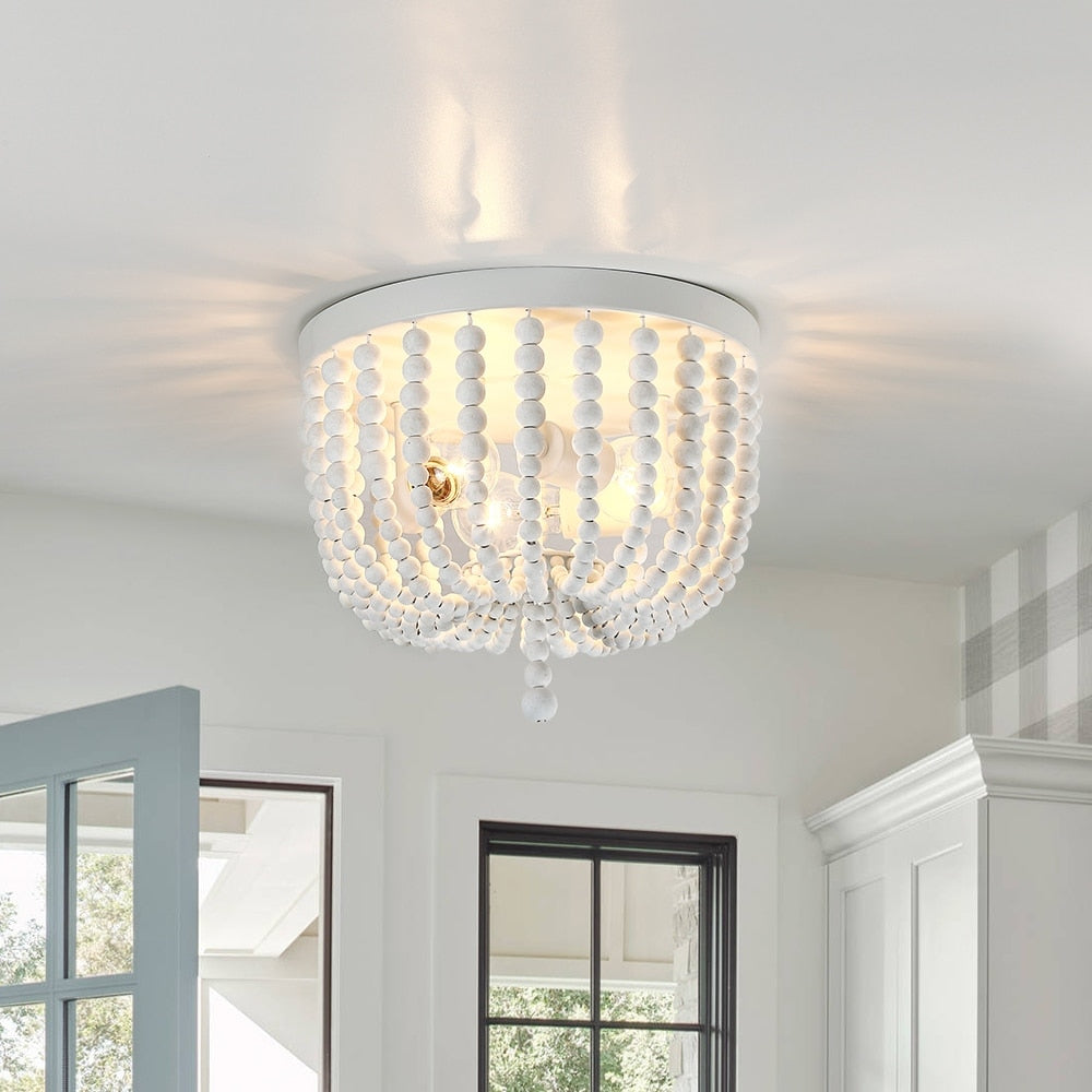 Lampada da soffitto a filo con perline in legno bianco antico Bohemia a 3 luci
