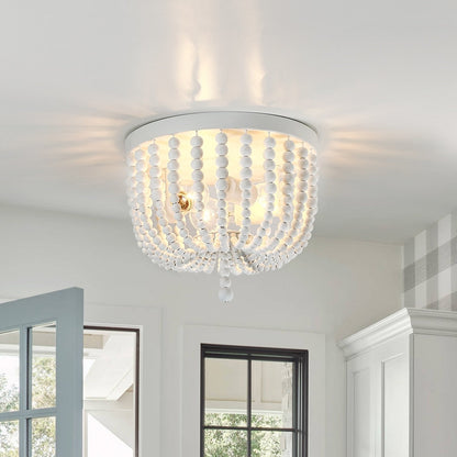 Lampada da soffitto a filo con perline in legno bianco antico Bohemia a 3 luci