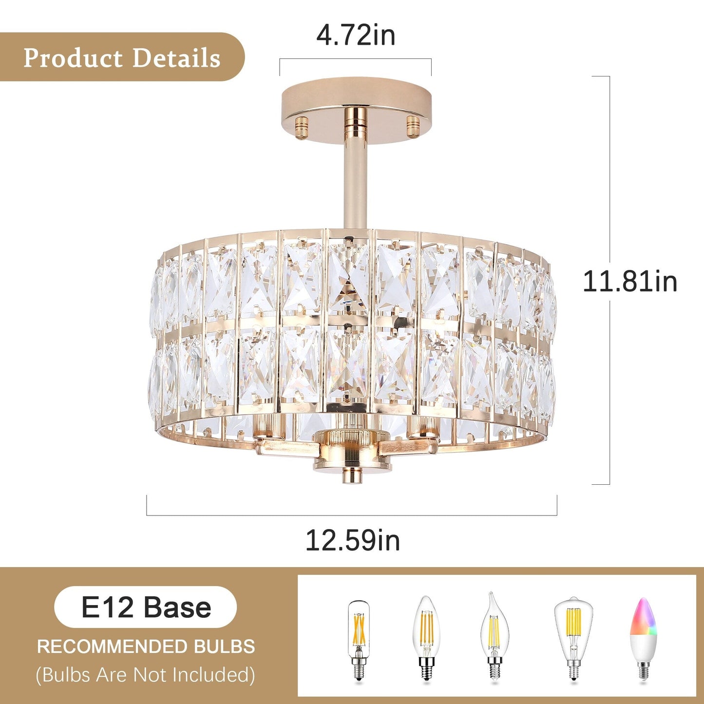 Lampadari semi-incassati in cristallo a 3 luci per soggiorno e corridoio