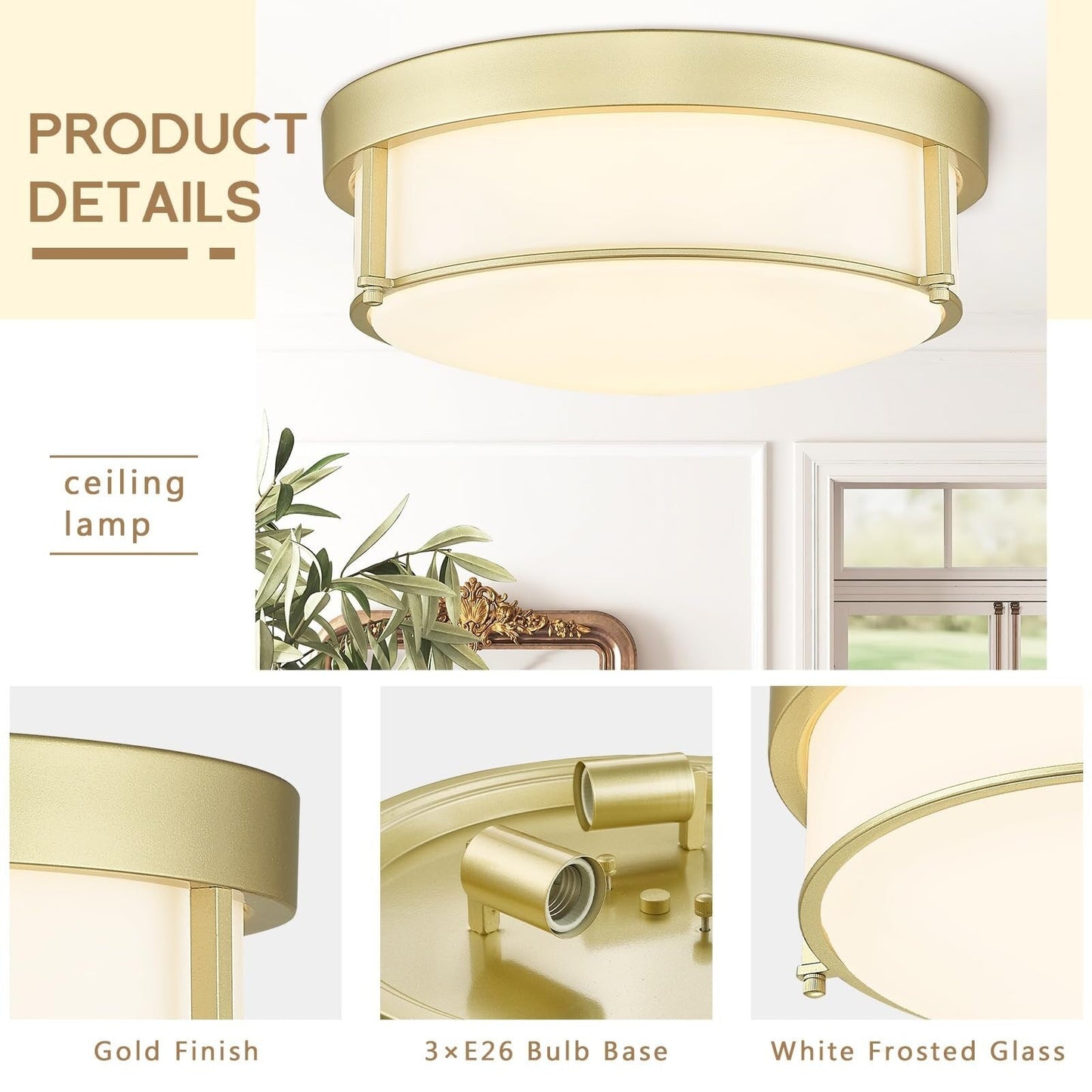 Lampada da soffitto in vetro a 3 luci, montaggio a filo, vetro seminato