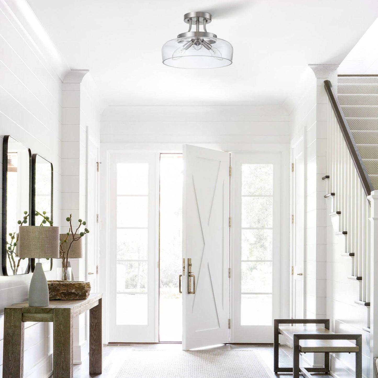 Lampada da soffitto semi-incassata a 3 luci in nichel satinato con paralume in vetro C Cattleya