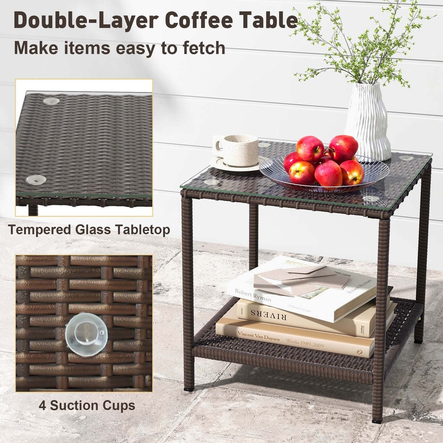 Set da 3 sedie a dondolo in vimini per patio con tavolino da caffè a 2 livelli