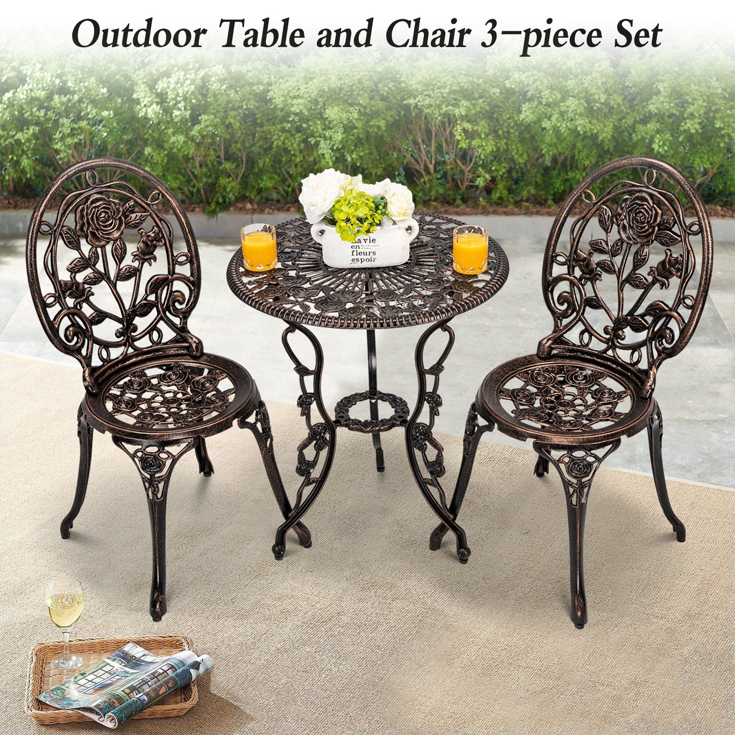 Set di 3 rose da esterno in alluminio per patio con tavolo