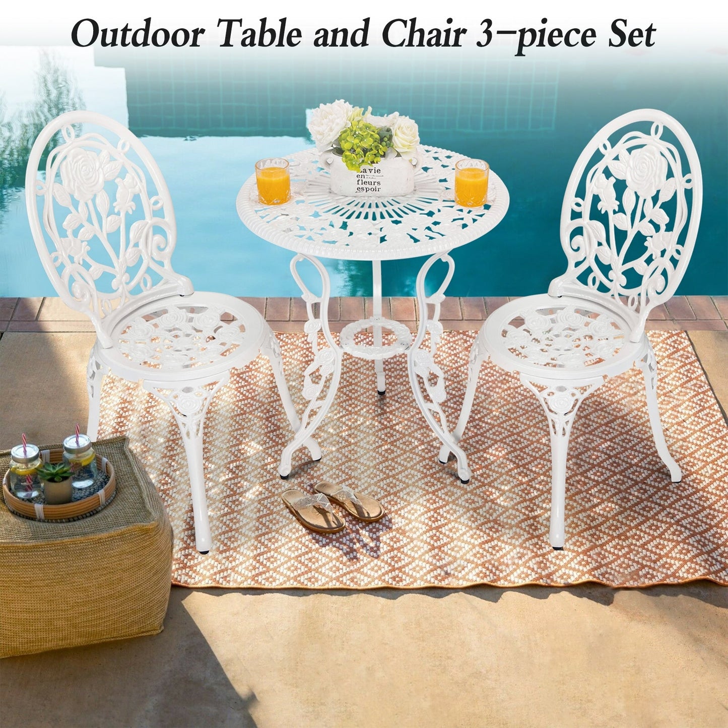 Set di 3 rose da esterno in alluminio per patio con tavolo