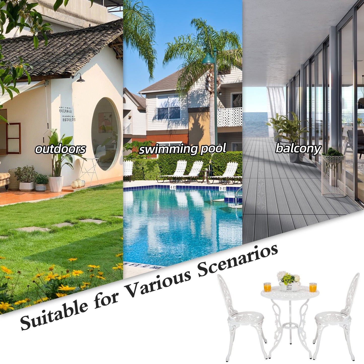 Set di 3 rose da esterno in alluminio per patio con tavolo