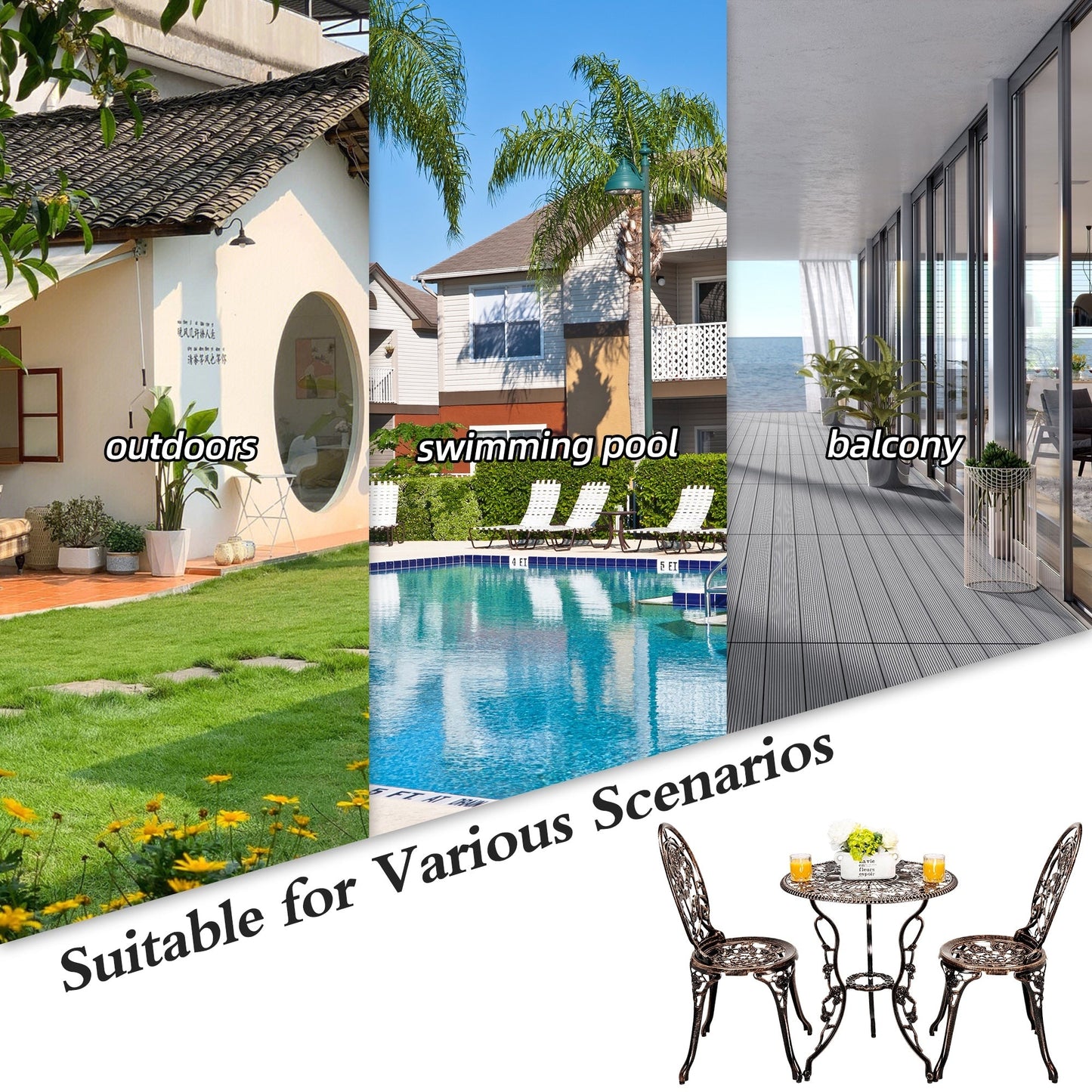 Set di 3 rose da esterno in alluminio per patio con tavolo