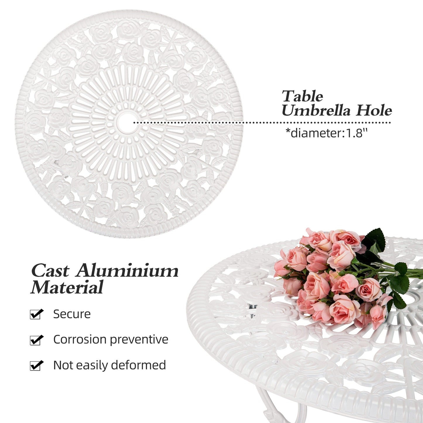 Set di 3 rose da esterno in alluminio per patio con tavolo