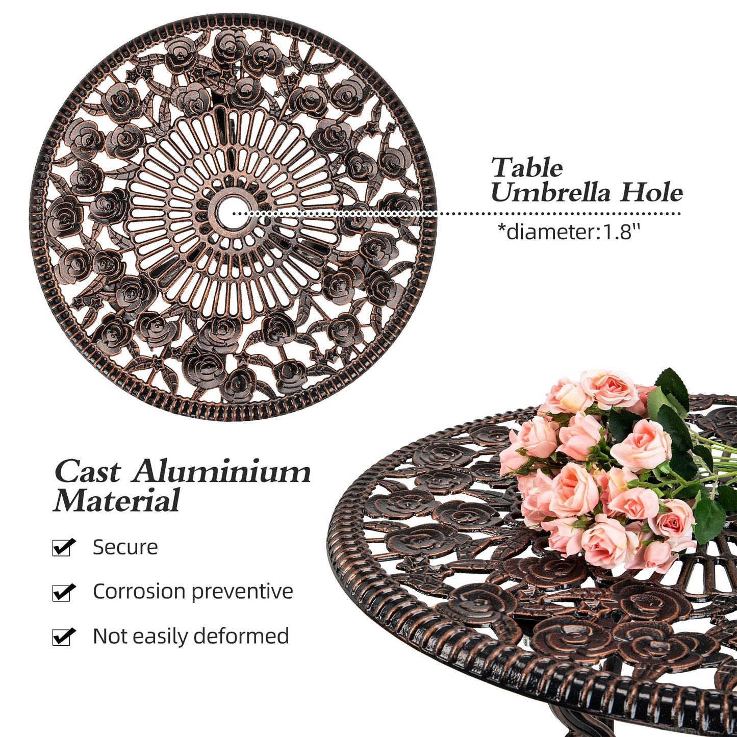 Set di 3 rose da esterno in alluminio per patio con tavolo