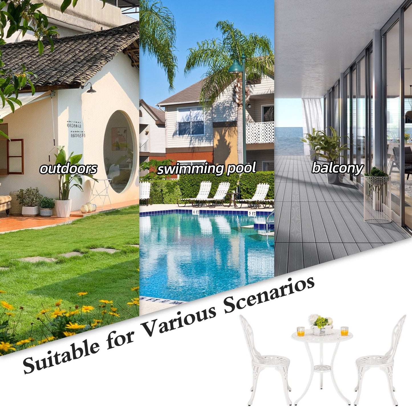 Set da esterno Tulip in alluminio da 3 pezzi con tavolo