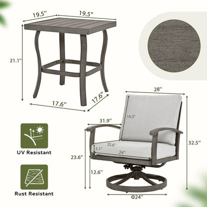 Set da bistrot da giardino in alluminio da 3 pezzi con tavolino, poltrone girevoli e cuscini grigio chiaro