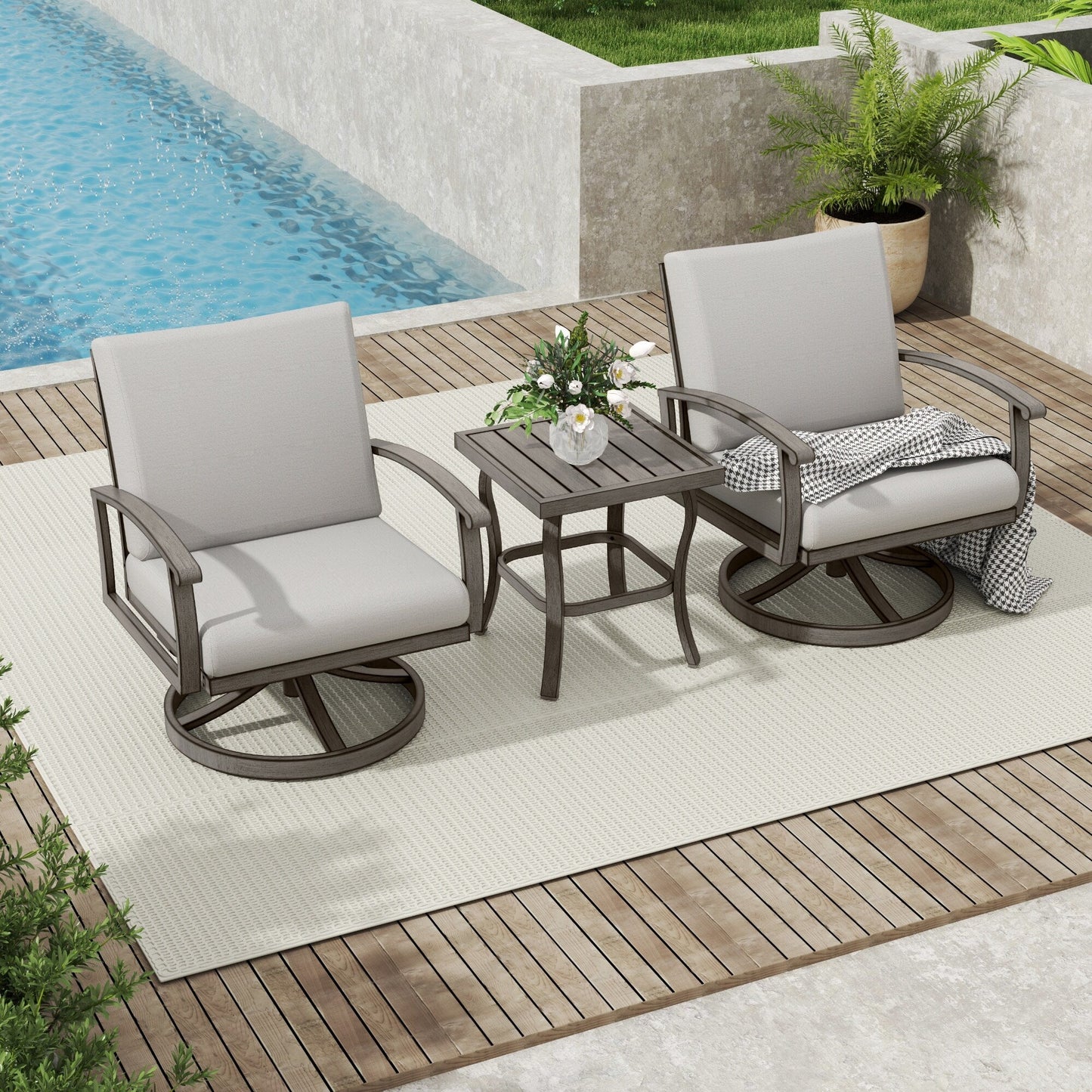 Set da bistrot da giardino in alluminio da 3 pezzi con tavolino, poltrone girevoli e cuscini grigio chiaro
