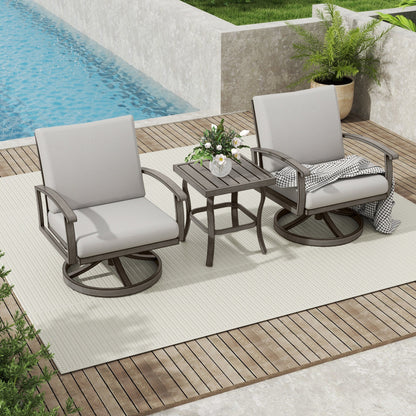 Set da bistrot da giardino in alluminio da 3 pezzi con tavolino, poltrone girevoli e cuscini grigio chiaro