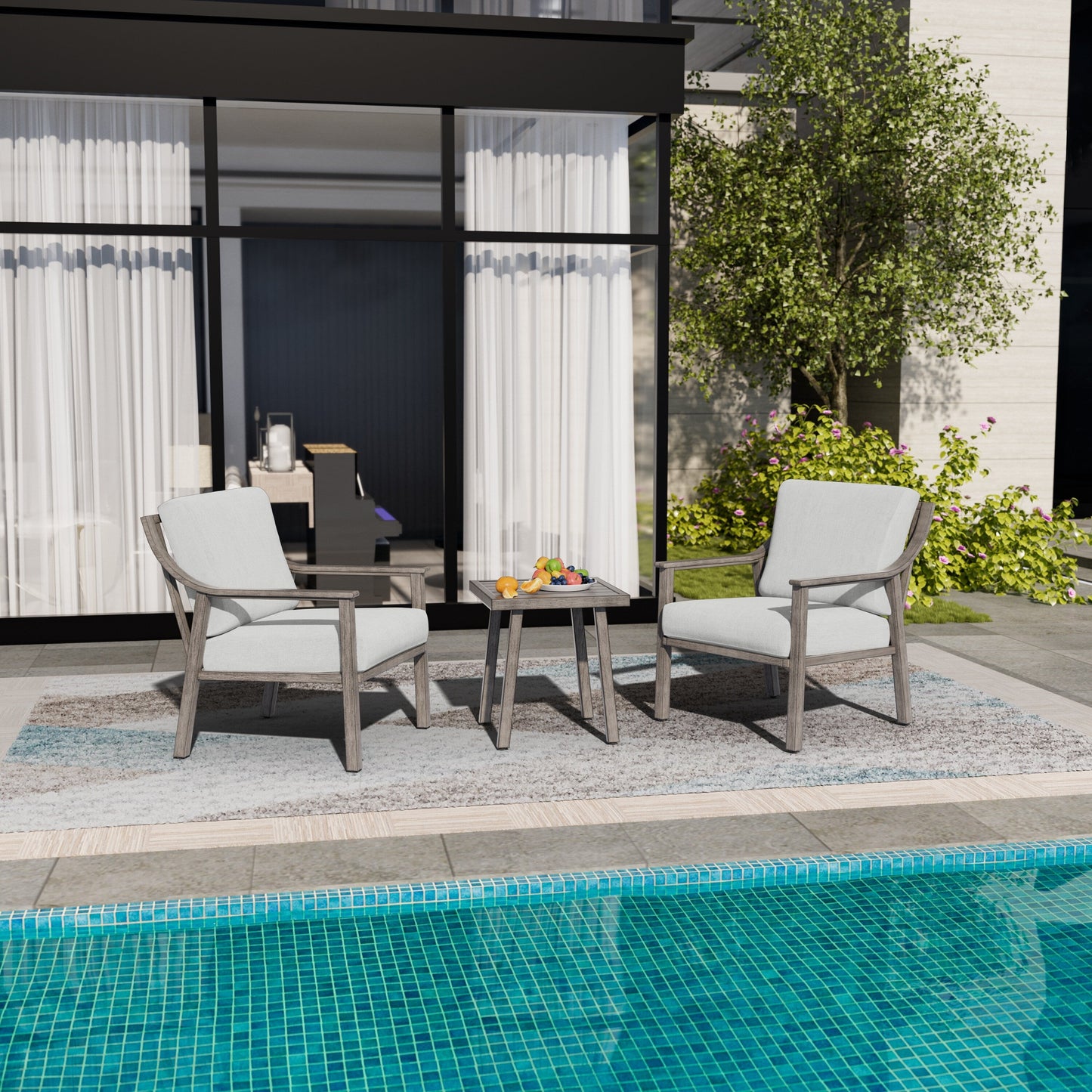 Set da conversazione in alluminio da 3 pezzi con tavolino e cuscini